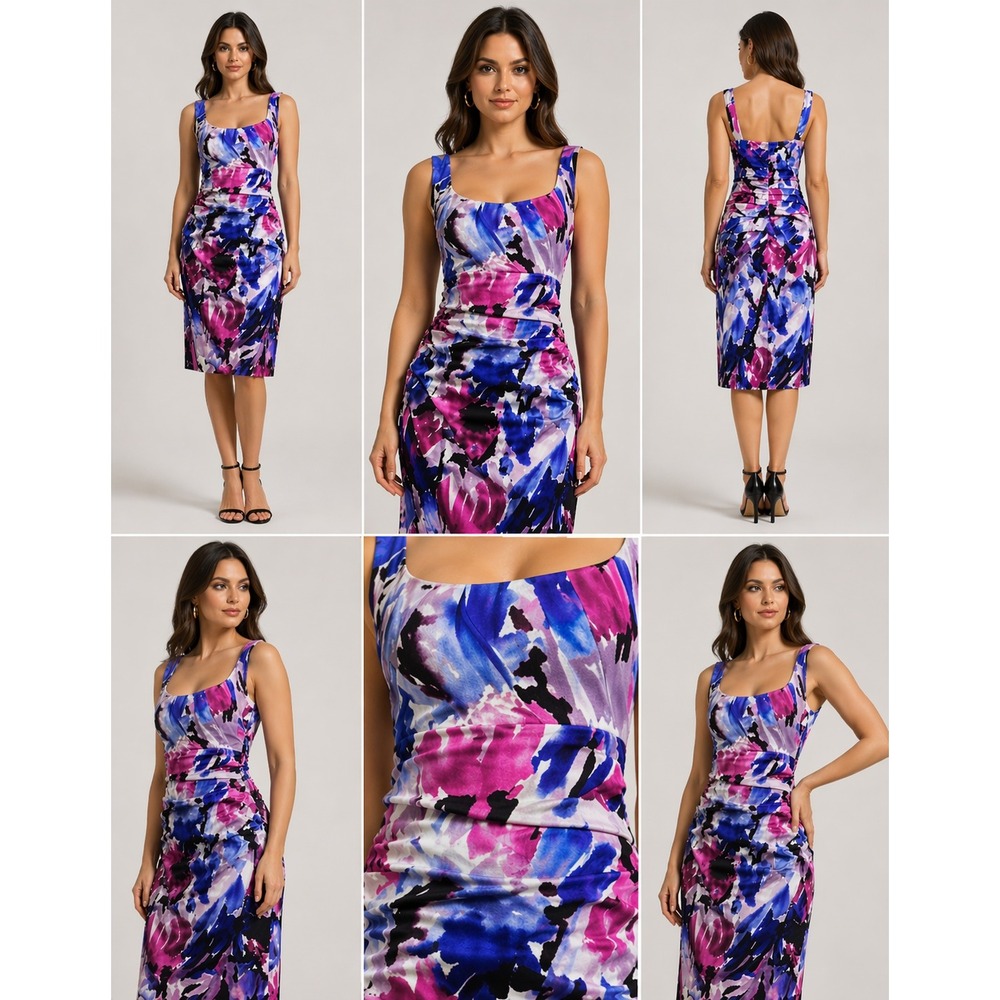 Suzi Chin Maggy Boutique Dress Womens 10 Purple Pink Abstract Floral Ruched Midi